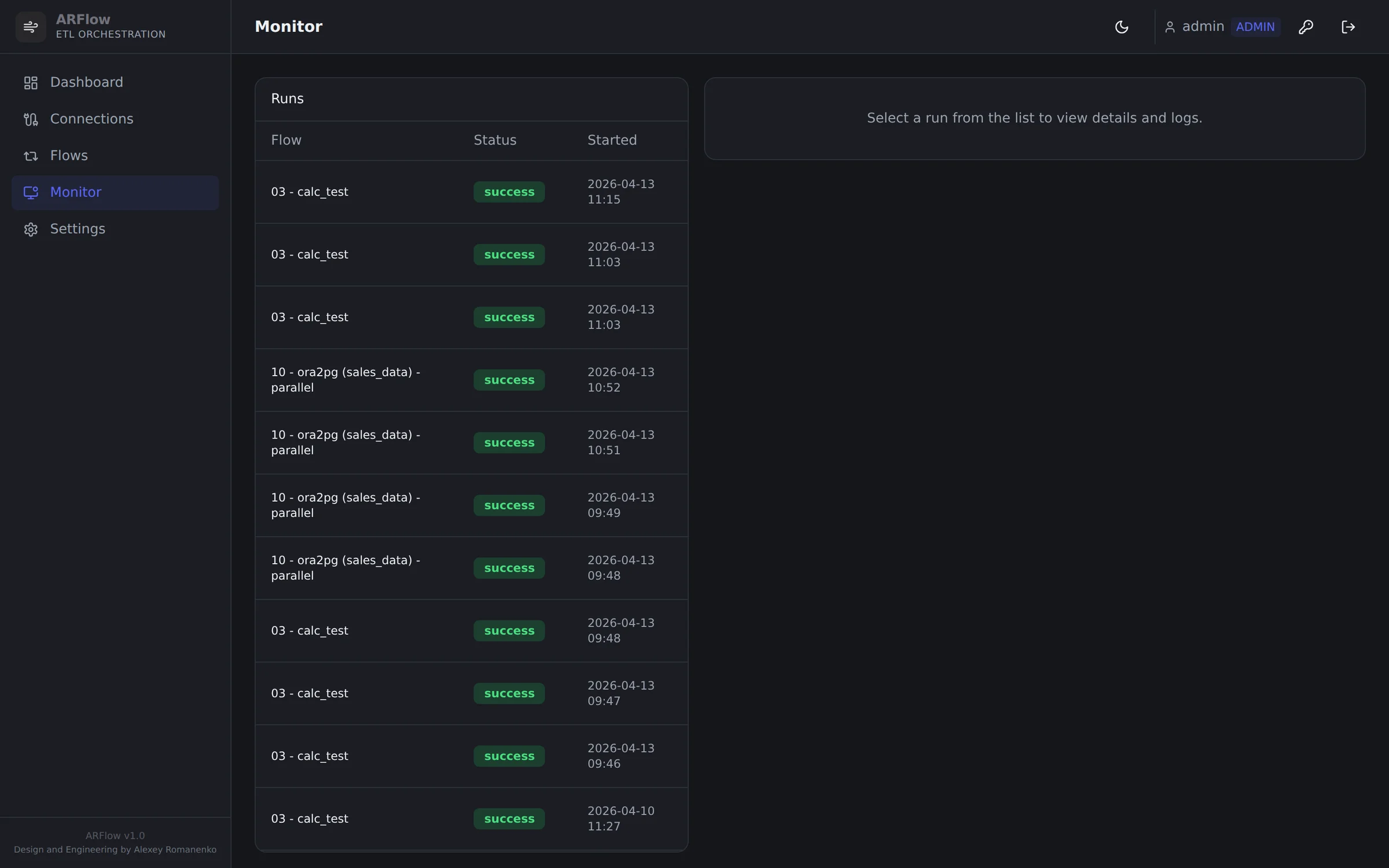 ARFlow — run monitor